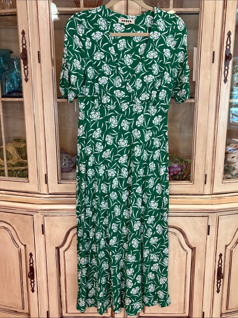 Boden Green Floral Maxi Dress with White Print